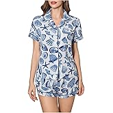 MakeMeChic Women's 2 Piece Pajama Set Graphic Short Sleeve Button Down Shirt and Shorts Set Sleepwear
