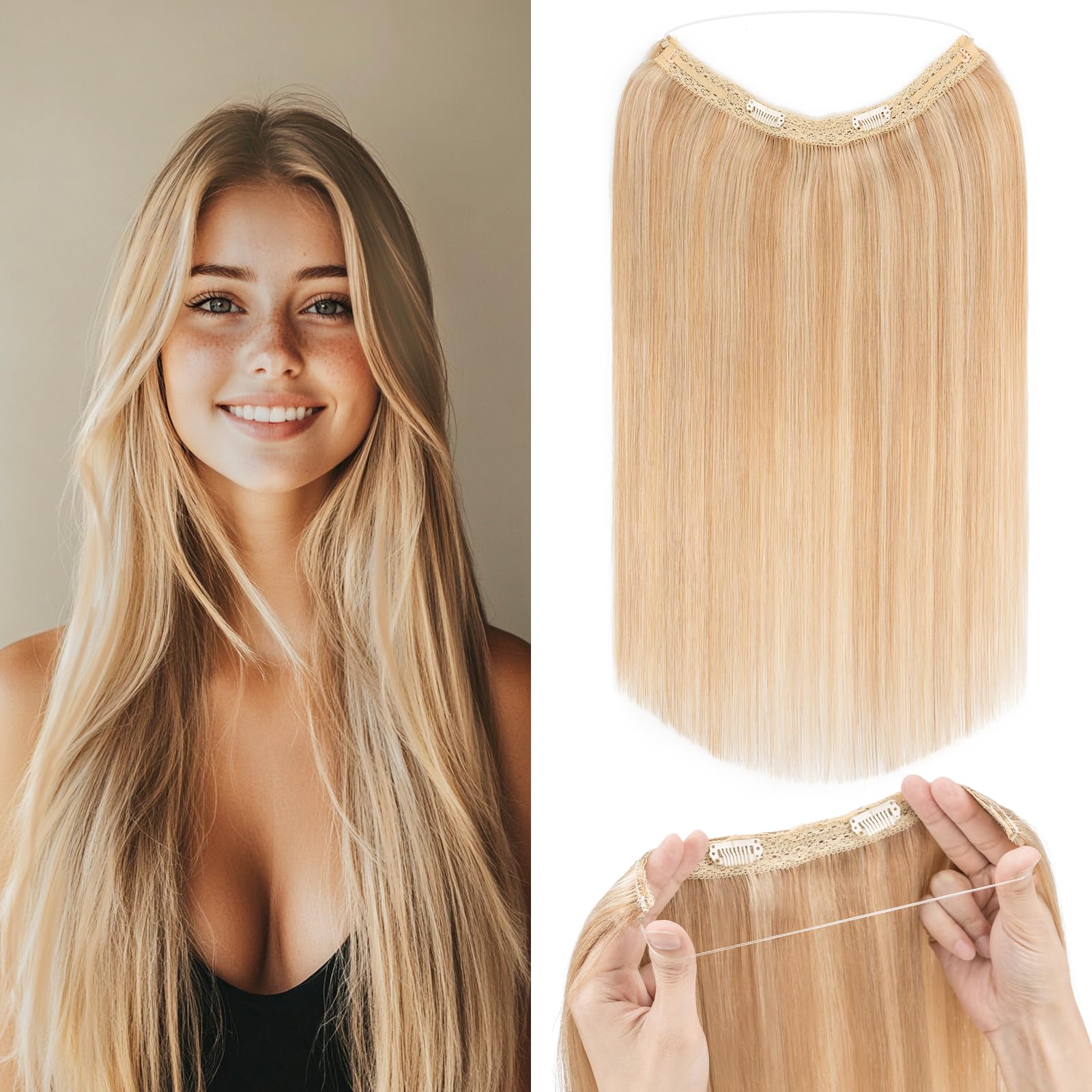 Rich Choices Halo Hair Extension 18 Inch Human Hair Extensions Clip in Invisible Wire Hair Blonde Straight Remy Human Hair Halo Seamless One Piece Clip in, 65g #18/613 Ash Blonde mix Bleach Blonde — image 1