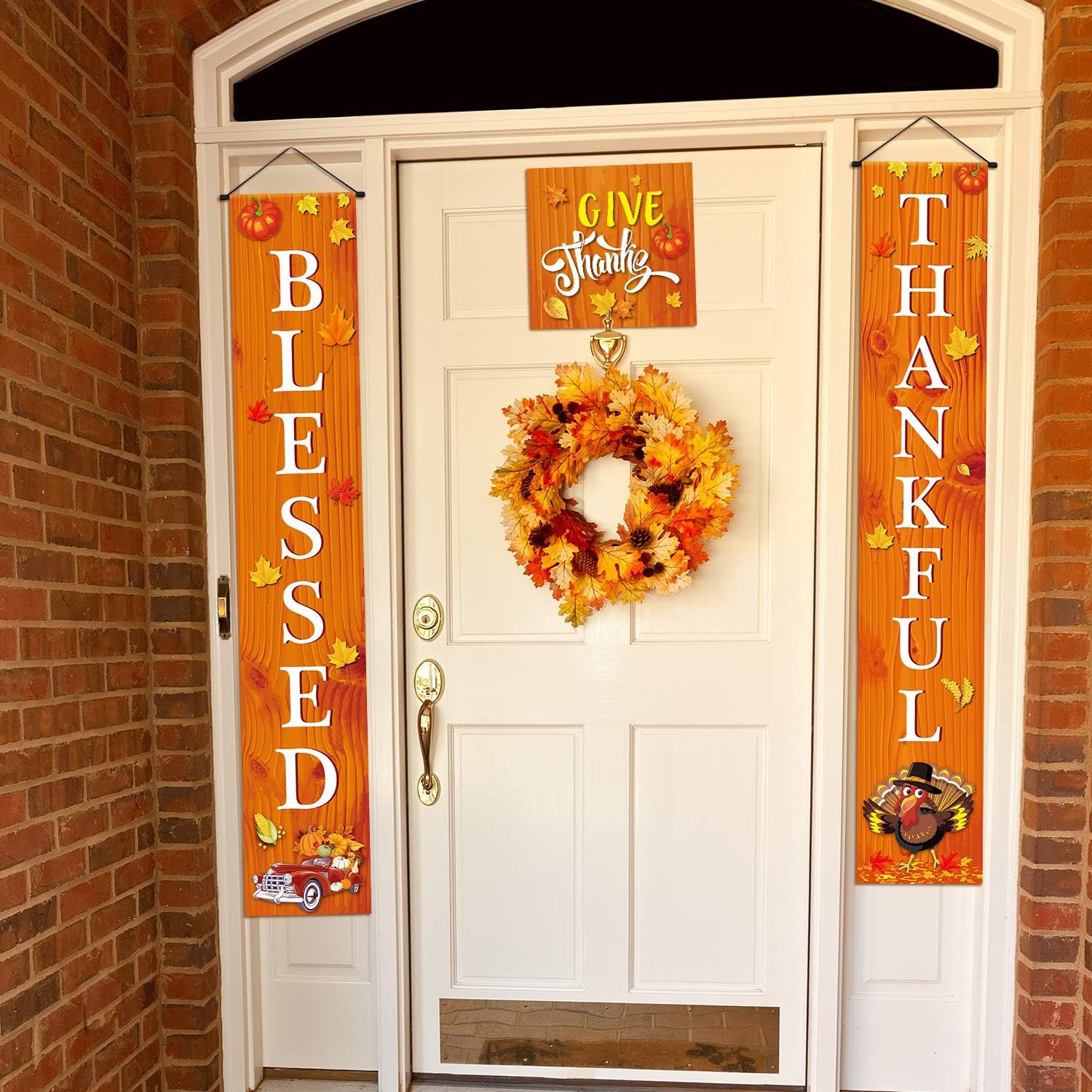 Blessed Thankful Hanging Banner Fall Harvest Welcome Banner Porch Sign Autumn Pumpkin Maple Leaf Backdrop Flag for Home Yard Indoor Outdoor Thanksgiving Party Decorations - Image 5