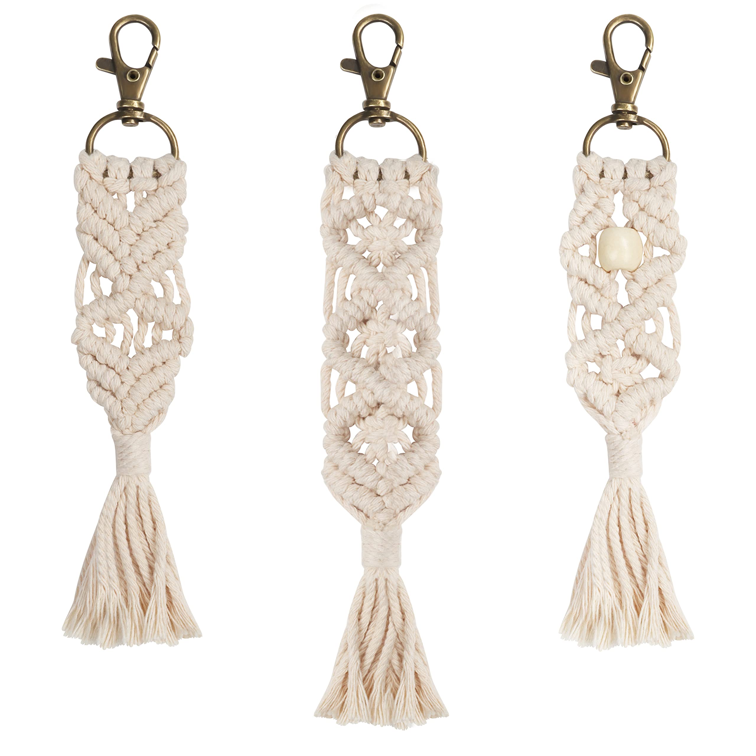 BELLE VOUS Mini Macrame Boho Bag Hanging Keychains (3 Pack) - 3 Designs - Unique Handcrafted Woven Tassel Keyring Charms for Car and Home Keys - Decor Accessories for Phone and Purse