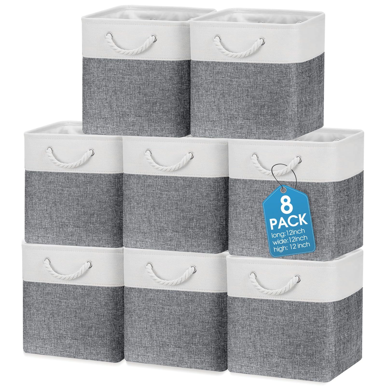 Photo 1 of meekoo 8 Pack Collapsible Storage Bins Fabric Storage Bins Polyester Fabric Baskets with Handles Linen Closet Organizer for Shelf Home Closet Towels Toys(12 x 12 x 12 in,Gray White)