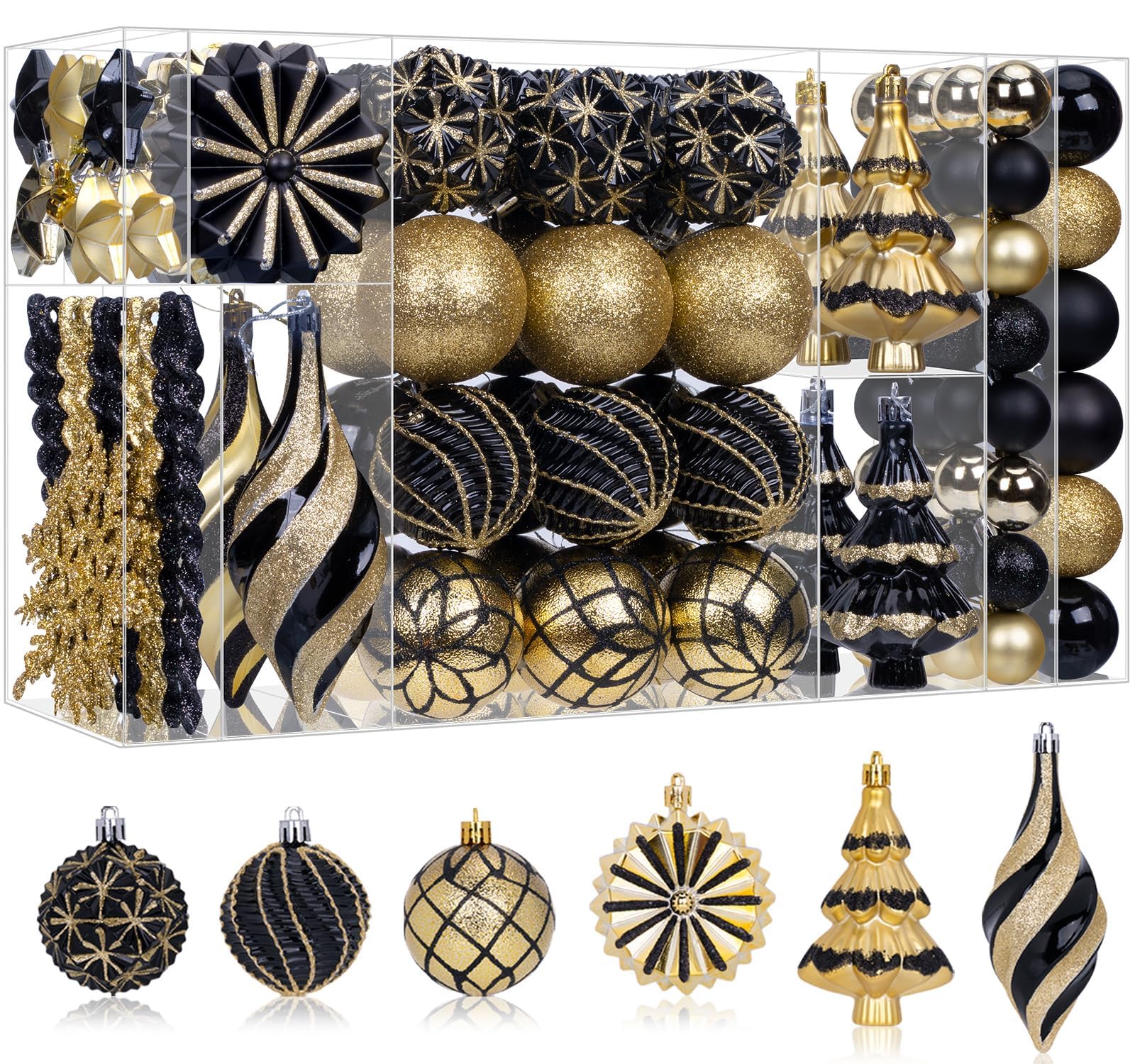 Photo 1 of 108 Pcs Christmas Ball Ornaments Set, Black and Gold Shatterproof Hand-Painted Hanging Bulbs Decoration for Xmas Tree, Wreath, Garland, Home Holiday Decor