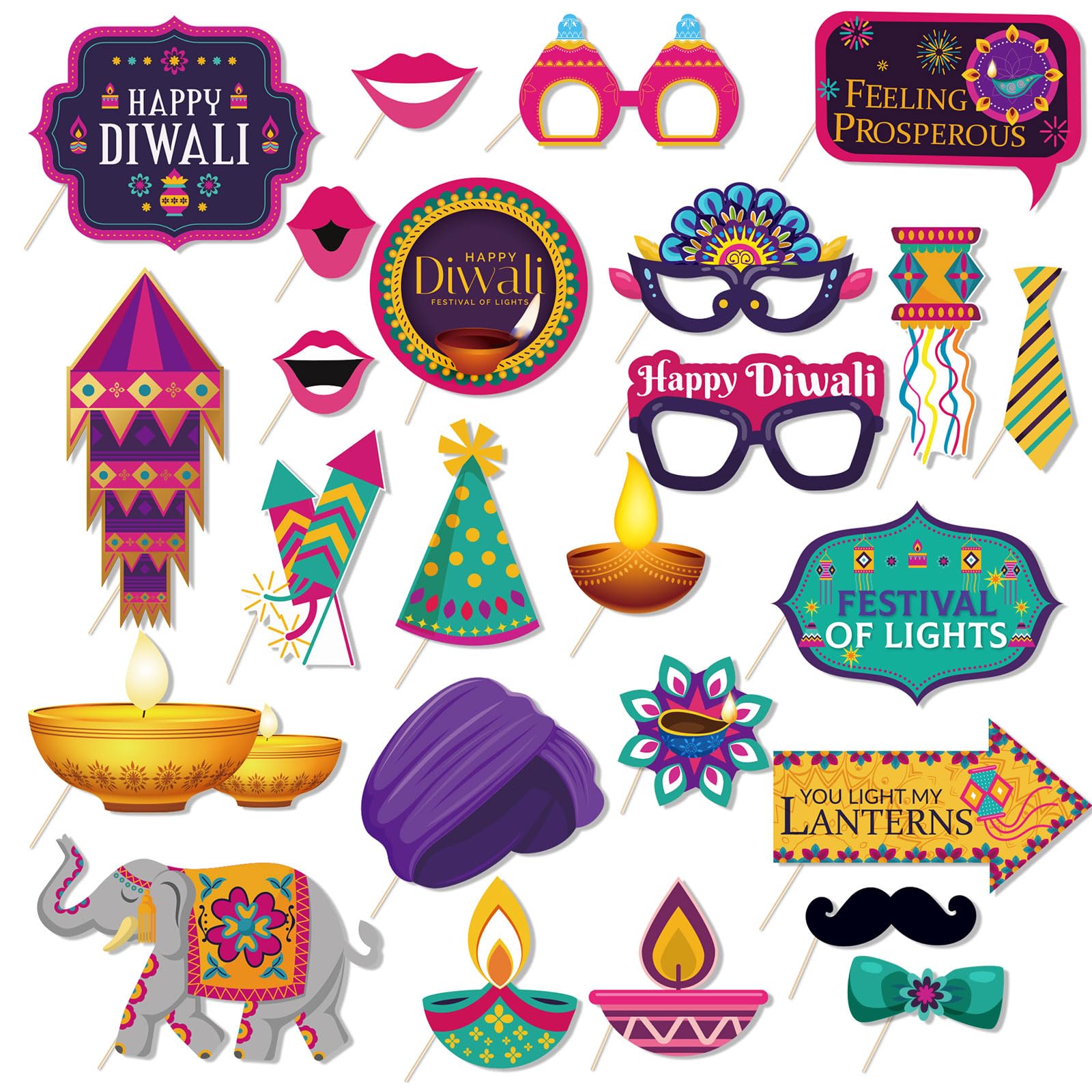 YIAJIA 25Pcs Diwali Decoration Happy Diwali Photo Booth Props Kit Deepavali Photo Props for Festival of Lights Party Favor Game Indian Diwali Lights Party Accessories