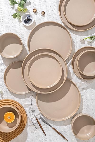 FOBENTA DINNERWARE SETS FOR 4,MICROWAVE SAFE PLATES AND BOWLS SETS,12 PIECE DYLAN DISH SET,REACTIVE GLAZE STONEWARE DINNERWARE SET (MATTE REACTIVE KHAKI BEIGE, SERVICE FOR 4 (12PCS))