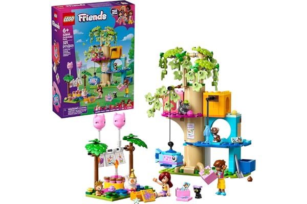 LEGO Friends Cat Birthday Party & Tree House Building Toy - Pretend Play Building Blocks W/Cat Toys & 2 Minidolls - Creative