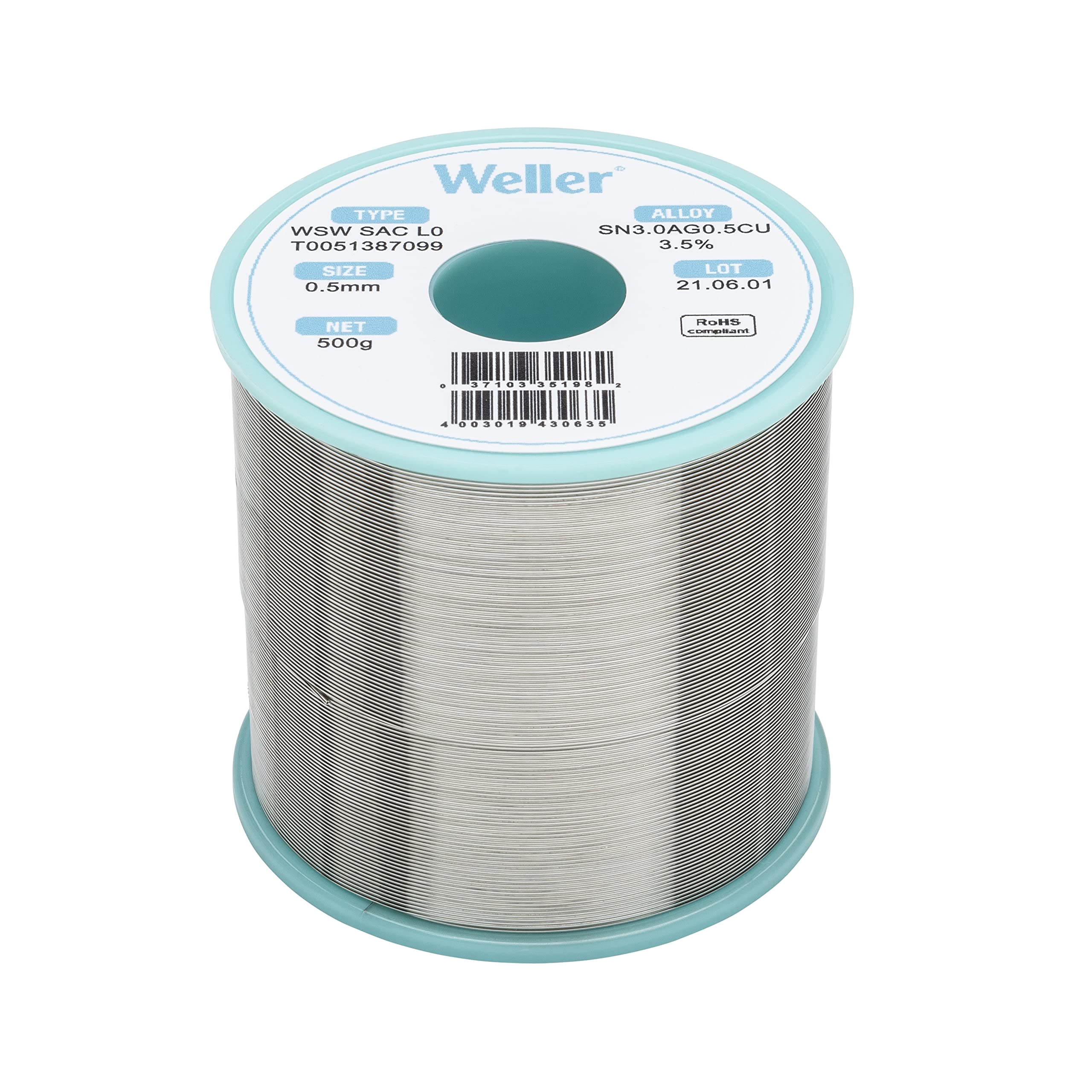 Weller WSW SAC L0 (T0051387099) Lead Free Solder Wire, Ø 0.5mm, Alloy Sn96.5Ag3.0Cu0.5, Flux content 3.5%, 500g