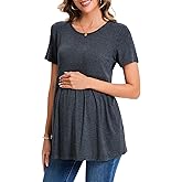 Brynmama Cute Maternity Shirts Summer Short Sleeve Pregnancy Tops Casual Comfy Maternity Blouse with Ruffle Peplum for Work