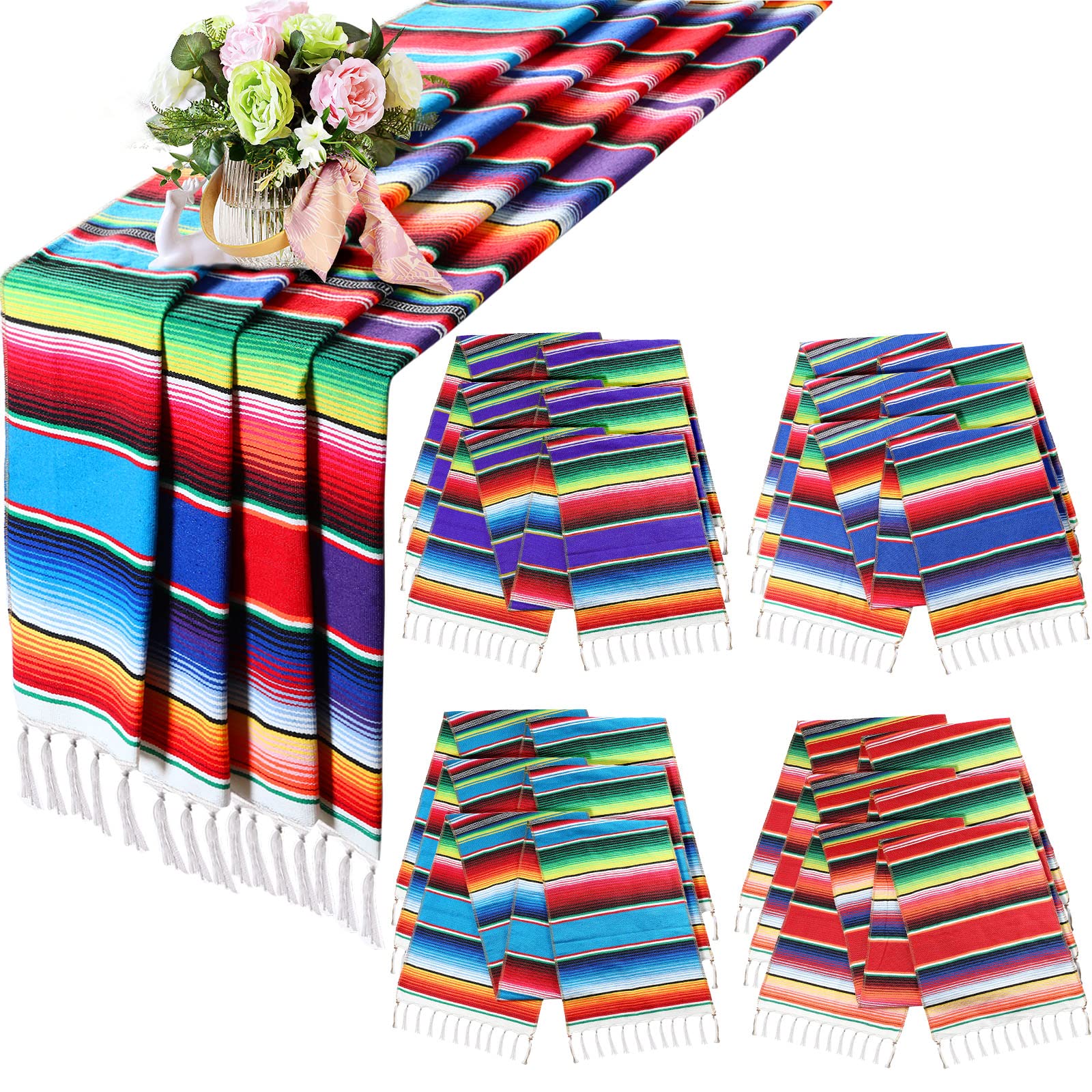 Photo 1 of 12 Pcs Mexican Serape Table Runners Mexican Theme Party Table Decorations Colorful Striped Serape Table Blanket Runner Tablecloth for Cinco de Mayo Mexican Fiesta Party, 14 x 84 Inch (Mixed Colors)