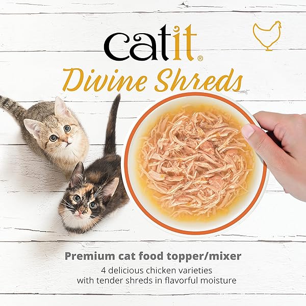 CATIT DIVINE SHREDS PREMIUM CAT FOOD TOPPER, CHICKEN WITH MACKEREL & BROCCOLI