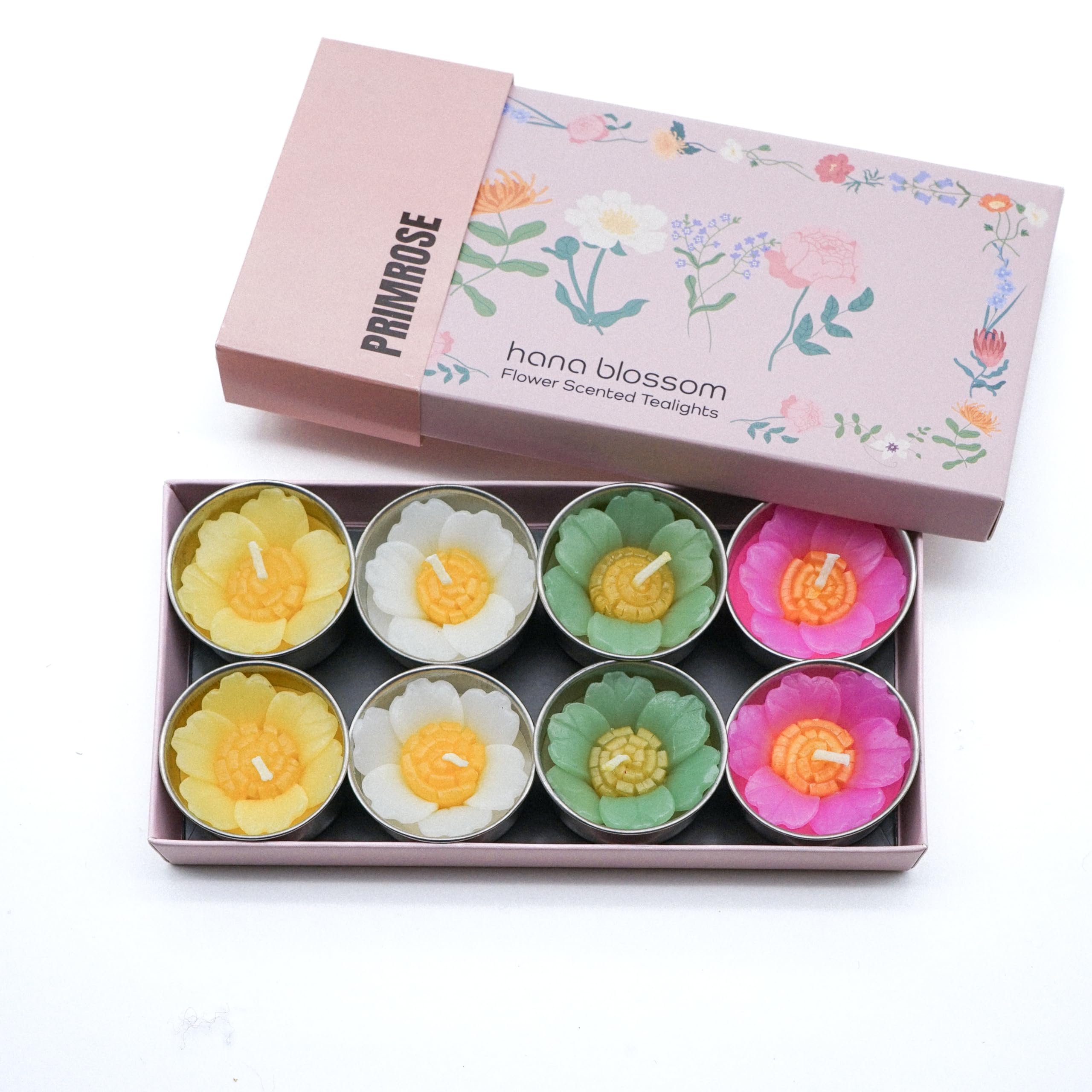 Hana Blossom Handmade Fair Trade Scented Primrose Flower Tea Light Candle in Assorted Colours Gift Set, Set of 8 Flowers