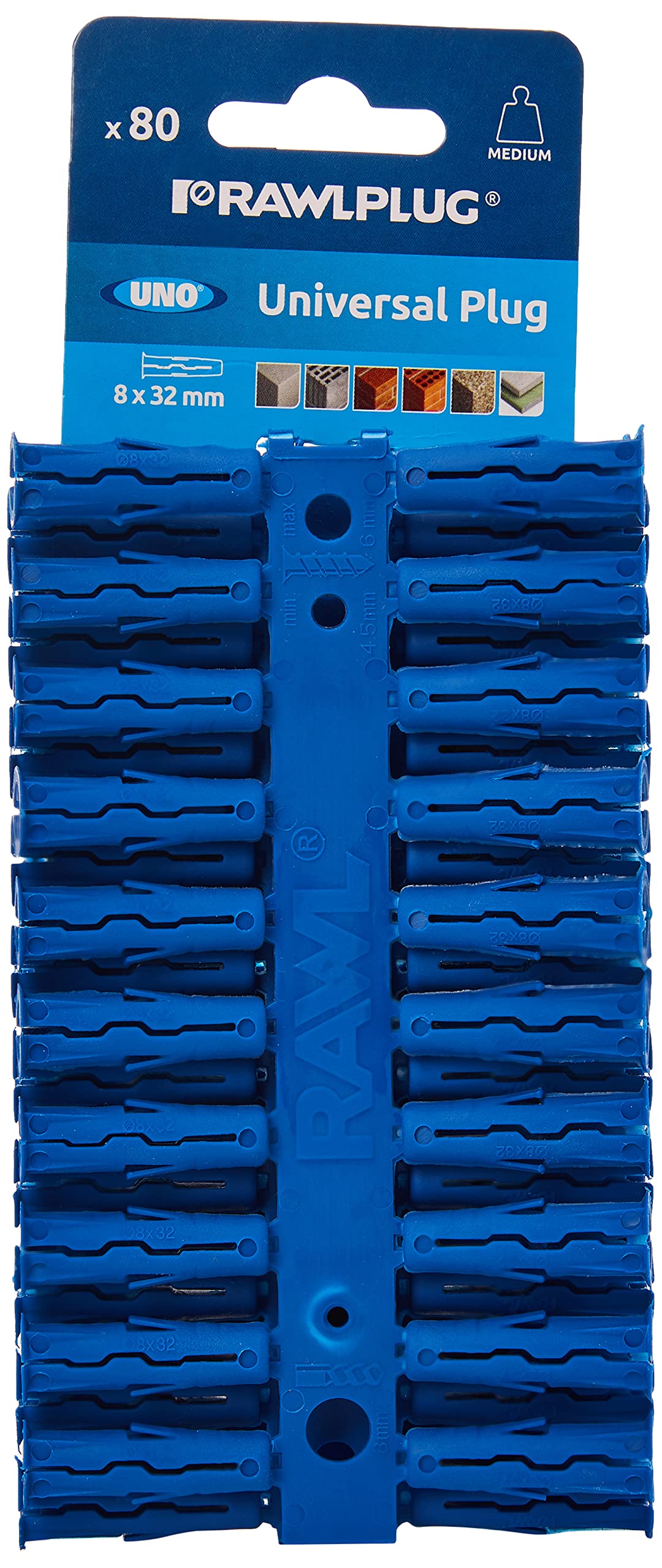 Rawlplug Uno Universal Contract Wallplug 8 mm Blue | Rawl Plugs for Plasterboard, Masonry, Brick, Concrete | Solid Wall Plug Anti Rotation Features | Plasterboard Fixings Plug Pack of 80,R-U1-BLU-80-C