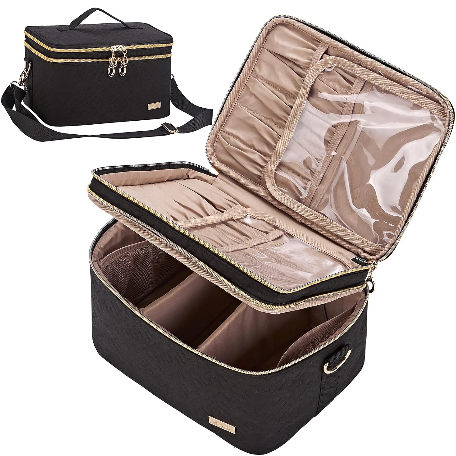 NISHEL Double Layer Travel Makeup Bag with Strap, Large Cosmetic Case Organizer Fits Bottles Vertically, Top Layer for Brushes, Tweezers, Eyeliner, Black : Beauty