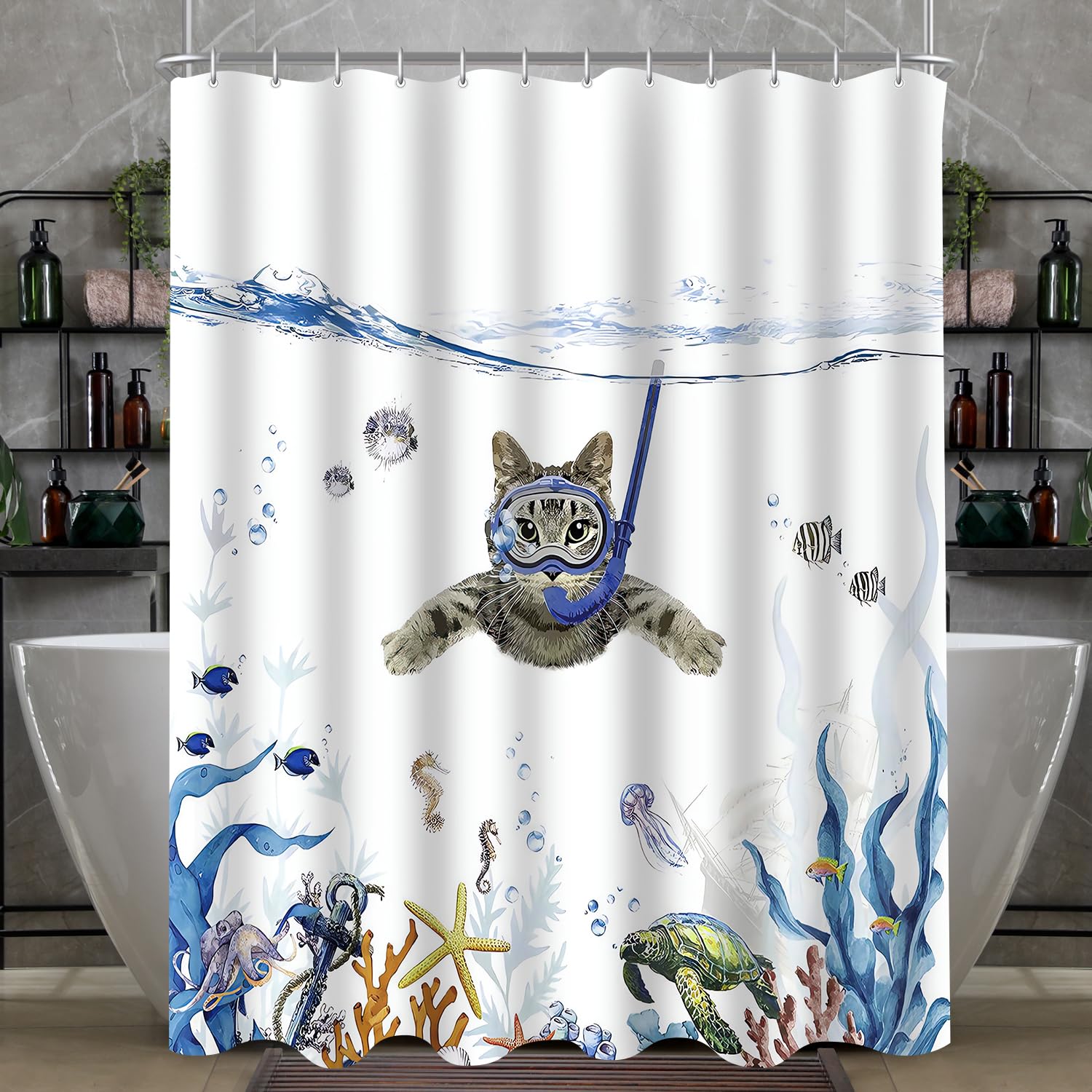 Lerores Shower Curtain 180 x 180 cm, Cat Swimming Anti-Mould Textile, Weighted Hem, Water-Repellent, Washable Polyester Fabric Bath Curtains 12 with Eyelets and Shower Curtain Rings for Bathroom