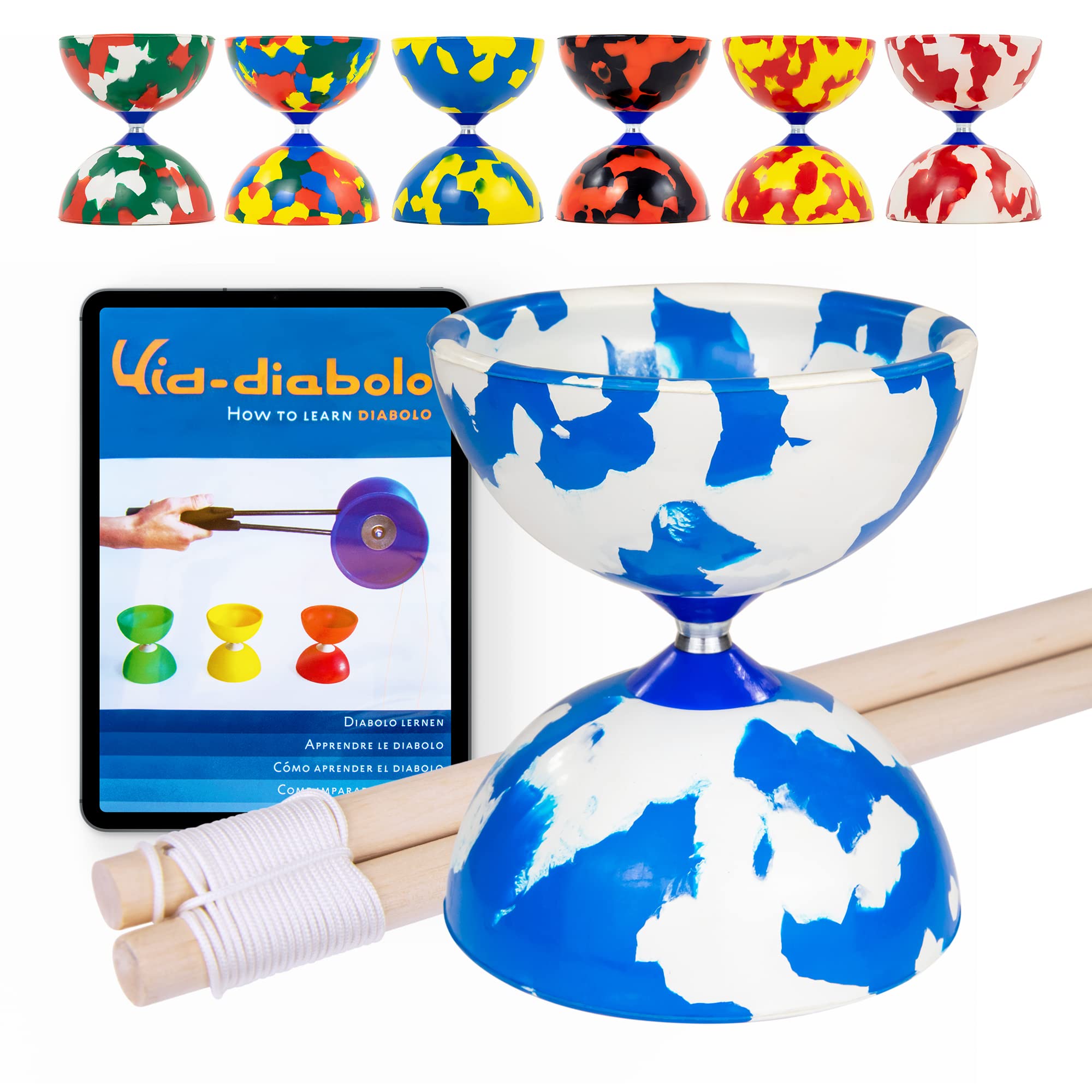 Juggle Dream Jester Diabolo Set - Fixed Axle Professional Diabolo with Wooden Handsticks and Online Learning Video - Juggling Toy (Blue/White) — image 1
