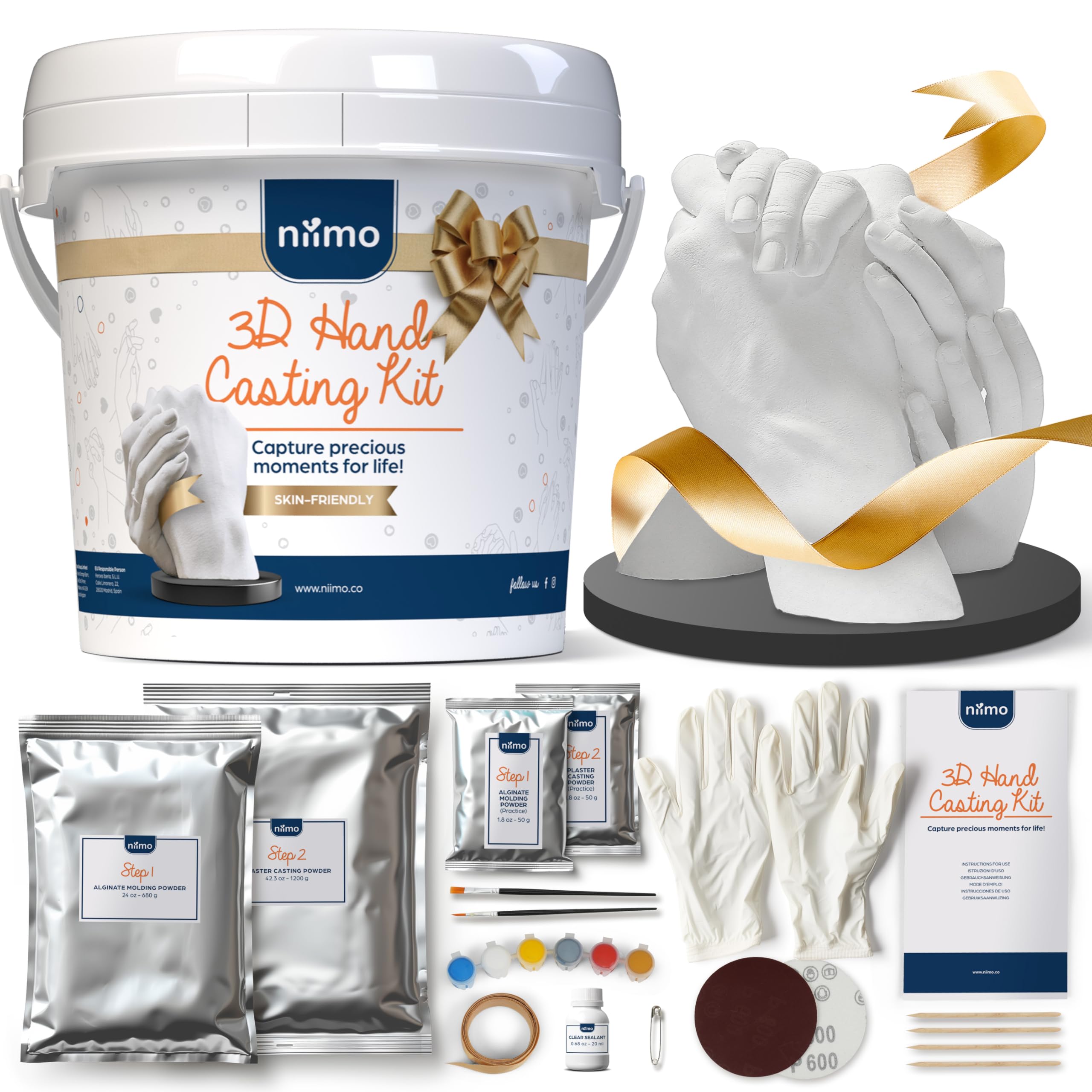 Niimo® 3D Hand Casting Kit Gift Set - Fun & Skin-Safe Hand Moulding Kit Couple, Personalised Gifts for Her, Includes Paints, Brushes, Display Stand, Card & More