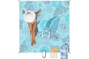 Airensky Sandproof Beach Mat 79" X 82" for 4-7 Adults, Waterproof Quick Drying Lightweight Beach Blanket with 4 Stakes for Travel Camping Hiking (Blue Whale)