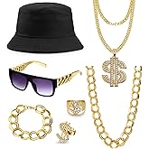 Acruccen 80s 90s Accessories Outfit for Men Hip Hop Costume Kit Hat Sunglasses Money Sign Necklace Rings Adjustable Hip Hop Rapper Costume Jewelry