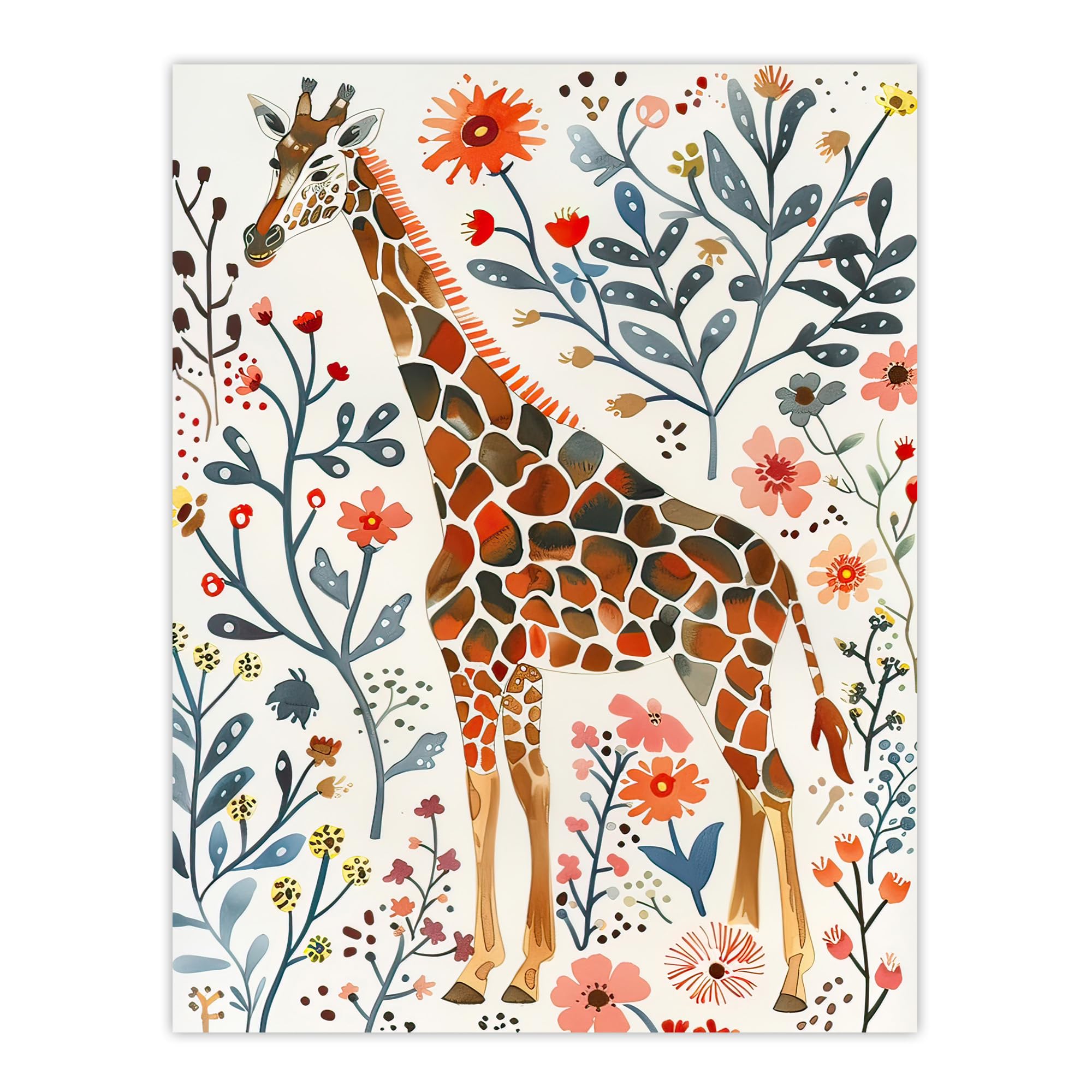 Artery8 Giraffe with Wildflowers Watercolour Folk Art Living Room Extra Large XL Wall Art Poster Print