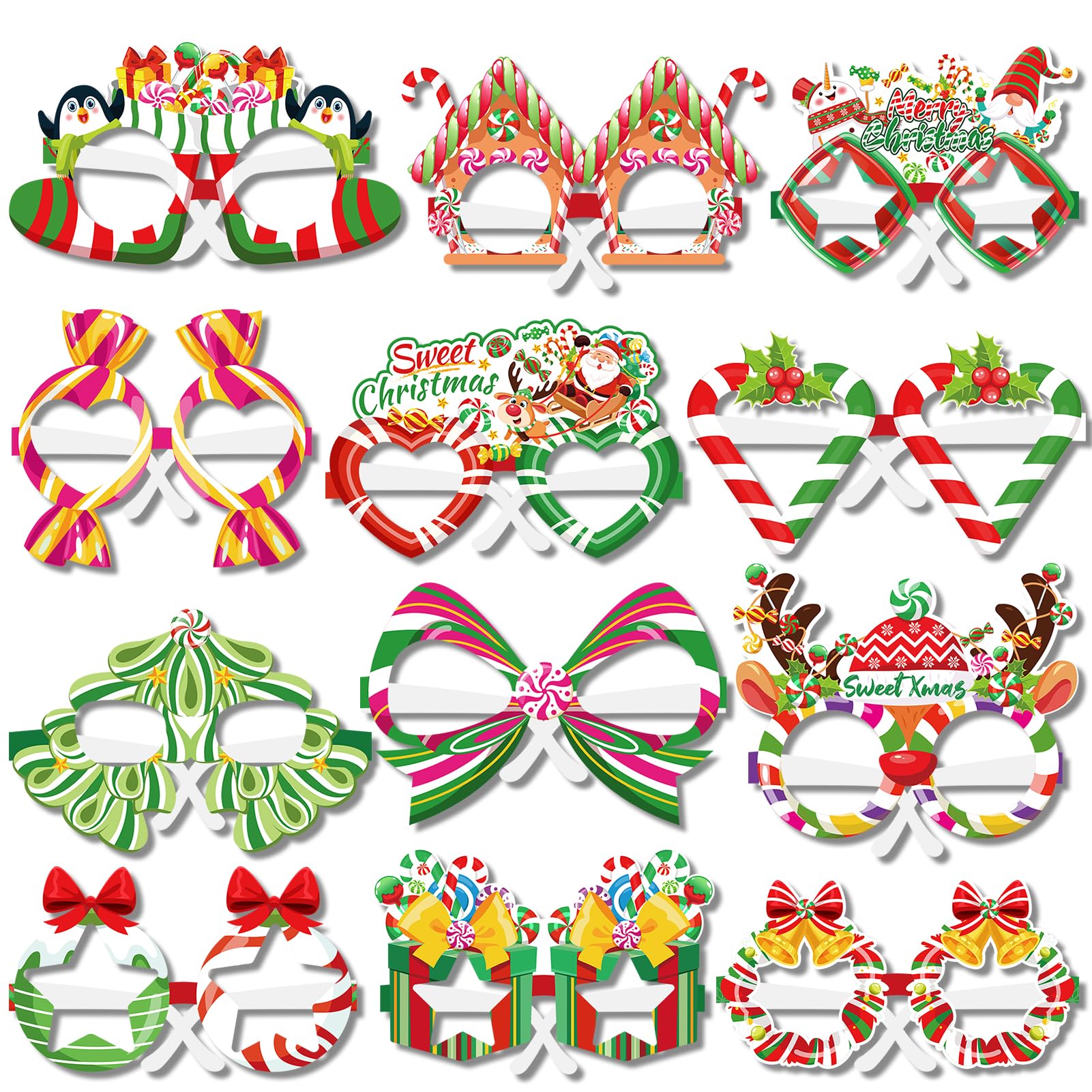 HOWAF 24pcs Christmas Glasses Novelty, Funny Glasses Christmas Party Glasses Candy Themed Eyeglasses Paper Xmas Glasses Christmas Photo Props for Christmas Accessories to Wear Christmas Decorations