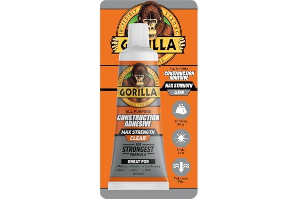 Gorilla Max Strength Construction Adhesive, Clear Glue, 2.5 Ounce Squeeze Tube