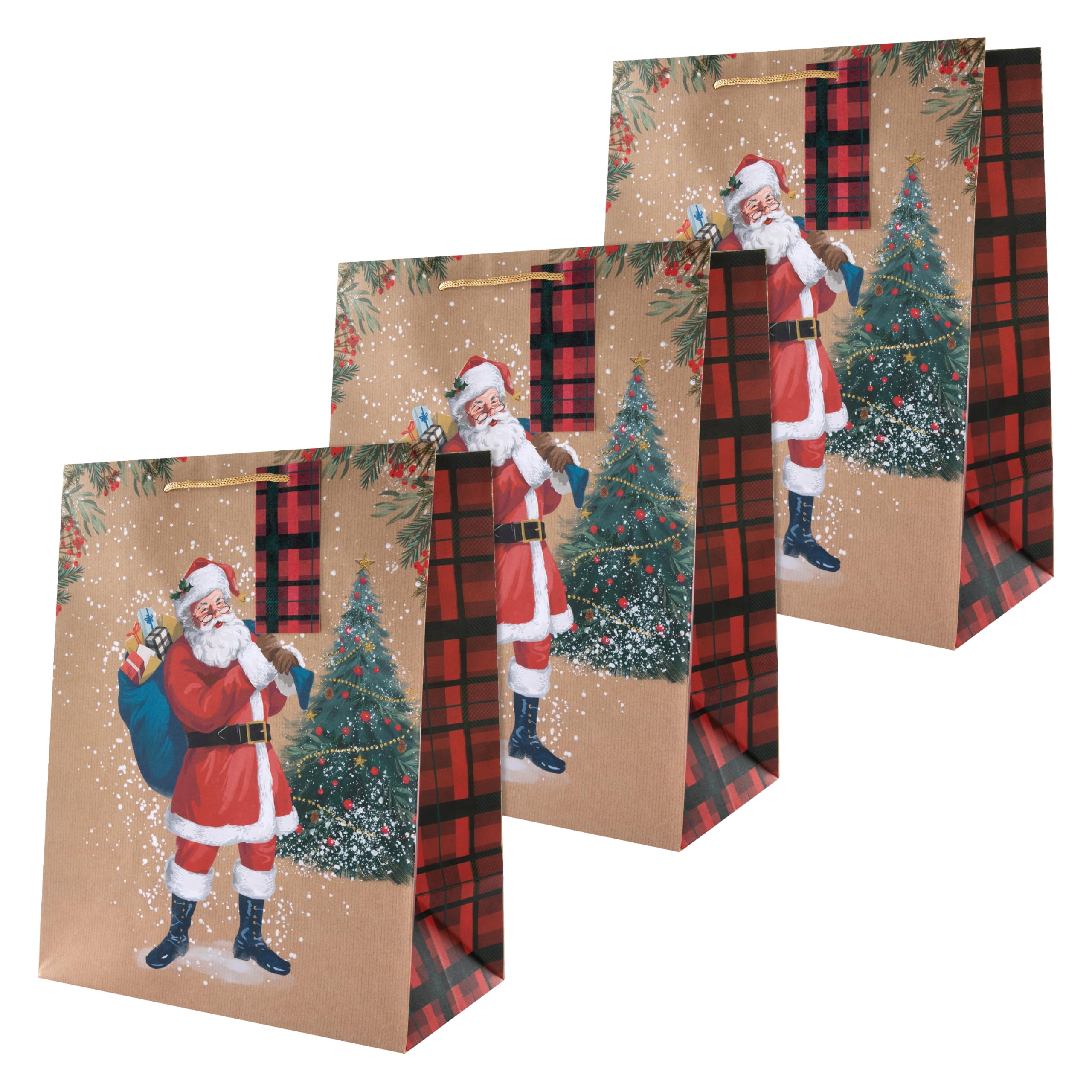 Hallmark Large Gift Bags, Pack of 3, Christmas, Traditional Santa Design, Vintage, Red Tartan, Brown Kraft