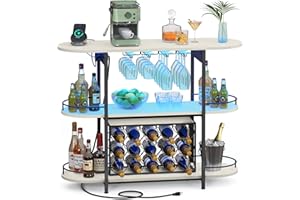 VASAGLE Bar Cabinet with LED Lights and Power Outlets, Freestanding Coffee Bar Wine Cabinet, Wine Rack, Glass Holder, Mini Bar for Liquor and Glasses, Kitchen, Dining Room, Rustic White ULWR007W01S