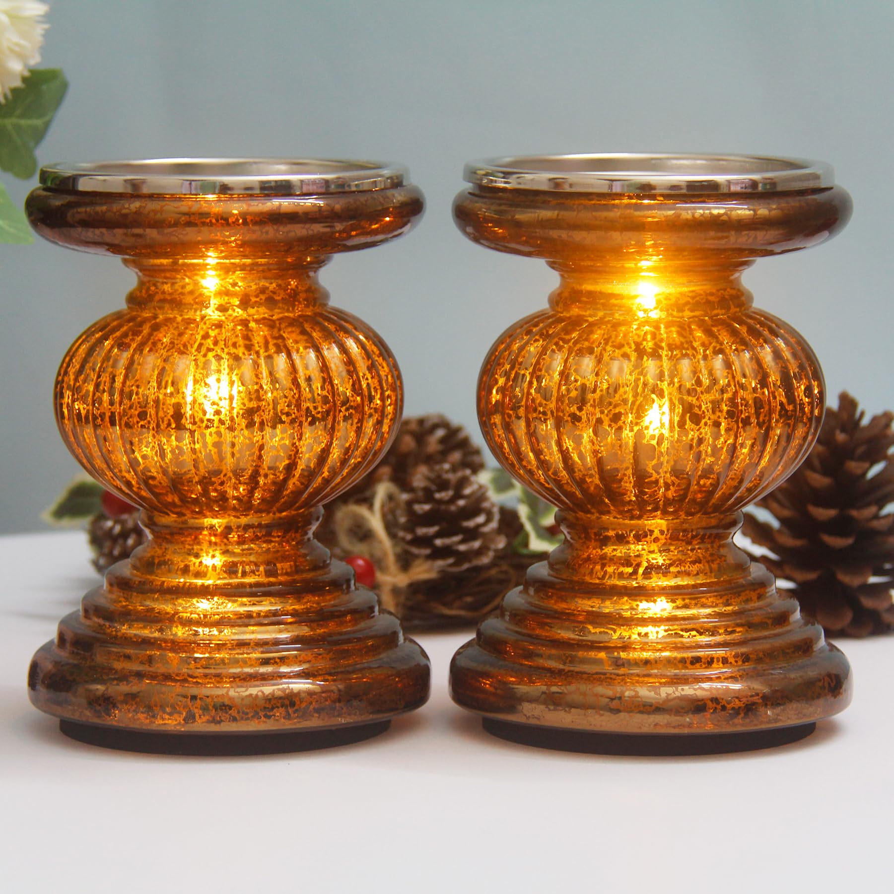 Photo 1 of CFDECOR Mercury Glass Pillar Candle Pedestal Holders with Lights Set of 2,Candle Holder for Pillar Candle,Candlestick Holders,Perfect Decoration for Wedding Home Dining Table Xmas(Chocolate)