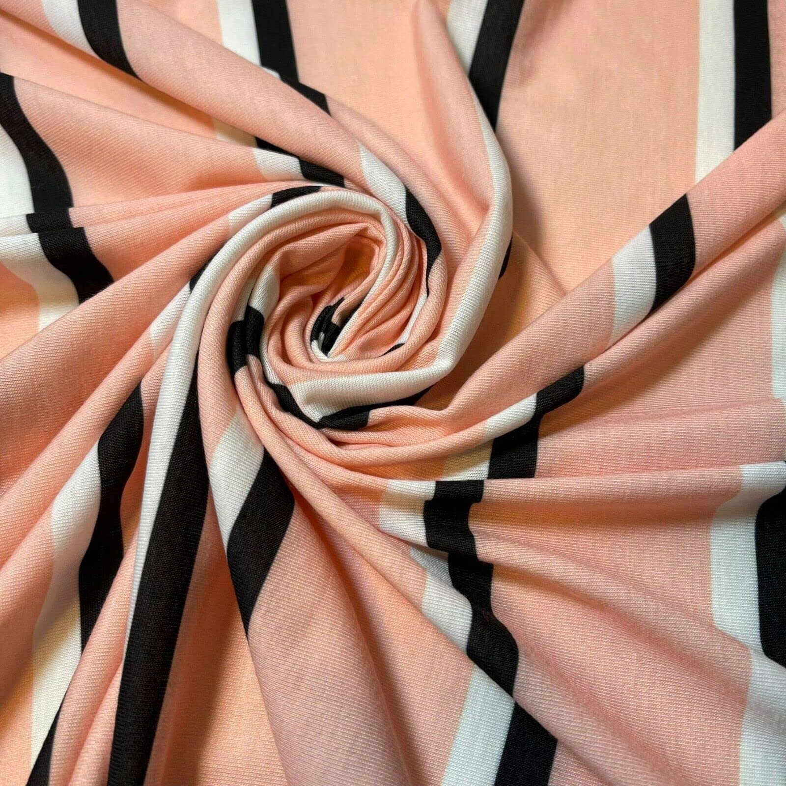 Soft Plain/Printed Cotton Jersey Stretch Knit T Shirt Baby Grow Craft Fabric Material 58 inch - 150 cm Wide Sold As 1 Meter Pre - Cut Lengths (Peach Black/White Stripe) (LP101)