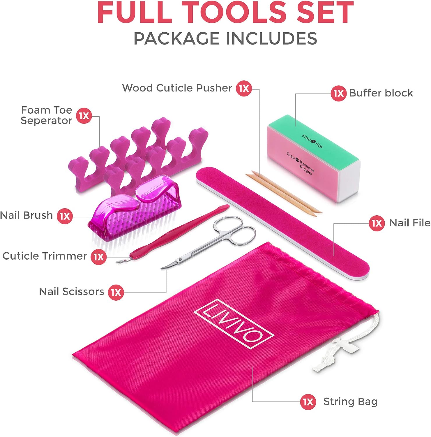 LIVIVO 9 Piece Manicure & Pedicure Kit, Nail Grooming Set for Natural & Acrylic Nails with Emery Board, Buffer Block - Image 3