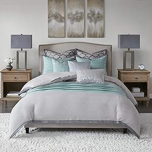 Hampton Hill Tranquility Queen Size Bed Comforter Duvet 2-In-1 Set Bed In A Bag - Teal Grey , Pieced – 8 Piece Bedding Sets – Ultra Soft Microfiber Bedroom Comforters