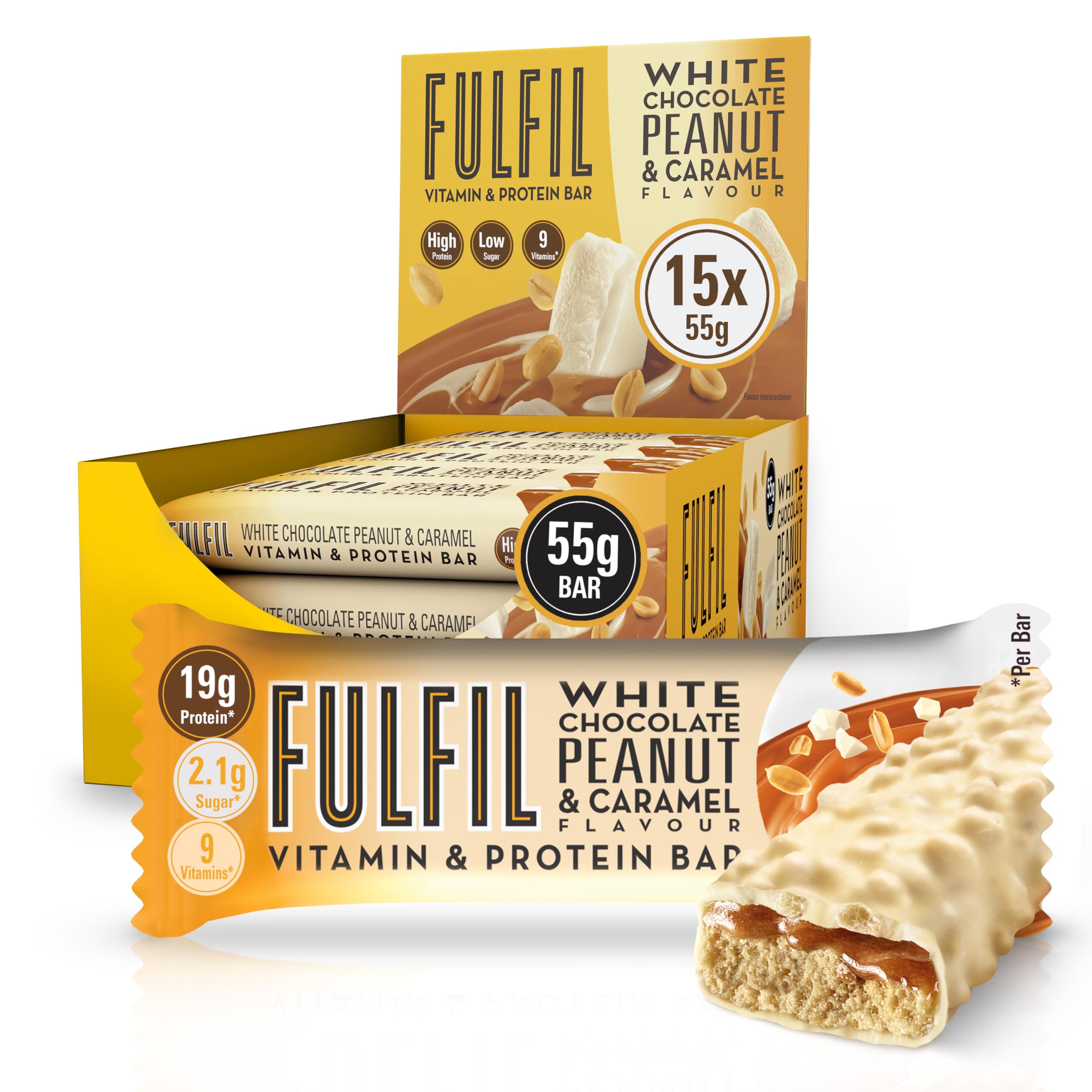 FULFIL Vitamin and Protein Bars (15 x 55 g Bars) — White Chocolate Peanut and Caramel Flavour — 20 g High Protein, 9 Vitamins, Low Sugar