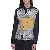Karl Lagerfeld Womens Long Sleeve Placed Print Everyday Essential Button Down
