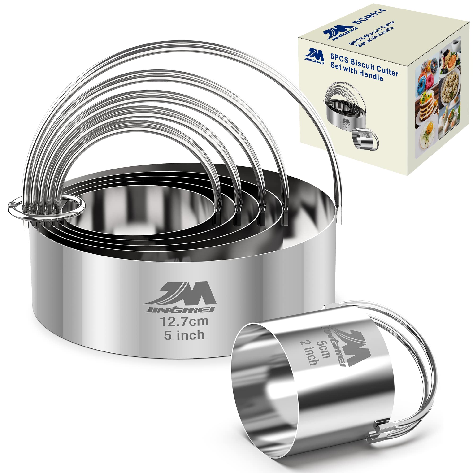 Photo 1 of M JINGMEI Biscuit Cutter Set for baking 2inch 2.5inch 3inch 3.5inch 4inch 5inch large size Round Metal Baking Rings with handle for Pastry, Biscuits, and Dough Cutting 6pcs set GIFT Package