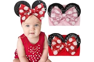BBGifts 2Pcs Baby Girl Large Mouse Ears Dot Headbands with Sequin Bow, Wide Nylon Turban Hairband, Theme Park Headwear, Hair Bow Headband for Toddler, Kids, Party Supplies
