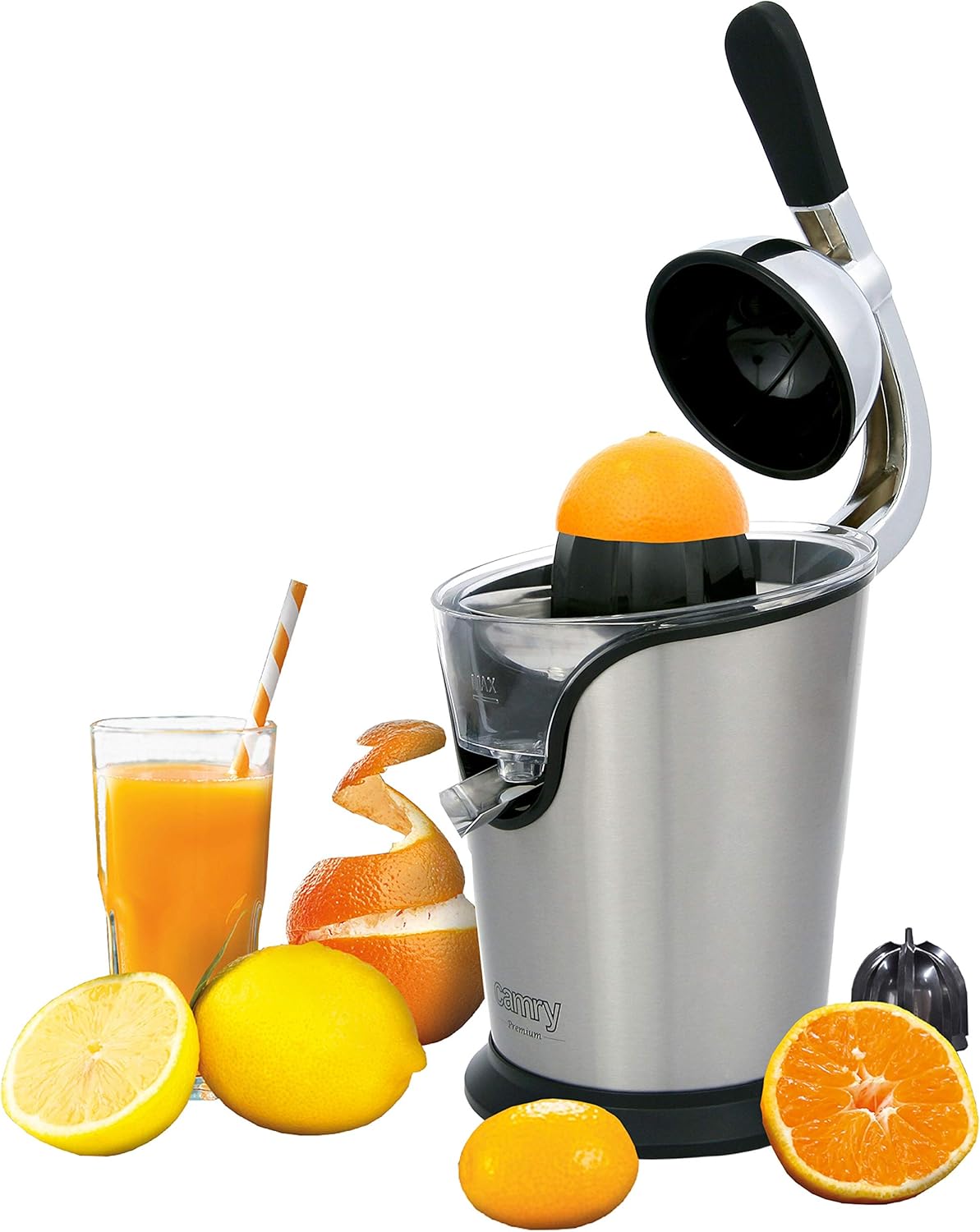 Elektrische Zitruspresse | Longlife-Motor | 500 Watt | Auto-Start-Stop | Edelstahlsieb | 2 Saftkapseln | Entsafter | Edelstahl | Elektrische Saftpresse
