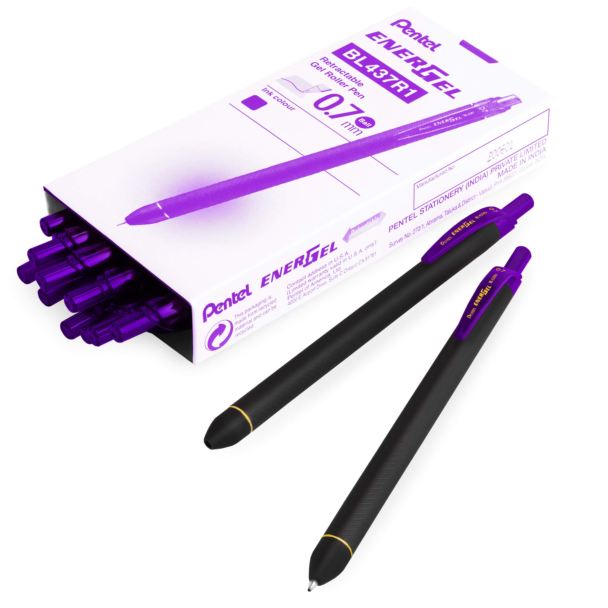 Pentel Energel BL437R1 Retractable Gel Ink Rollerball Pen - 0.7mm Nib - Violet - Pack of 14