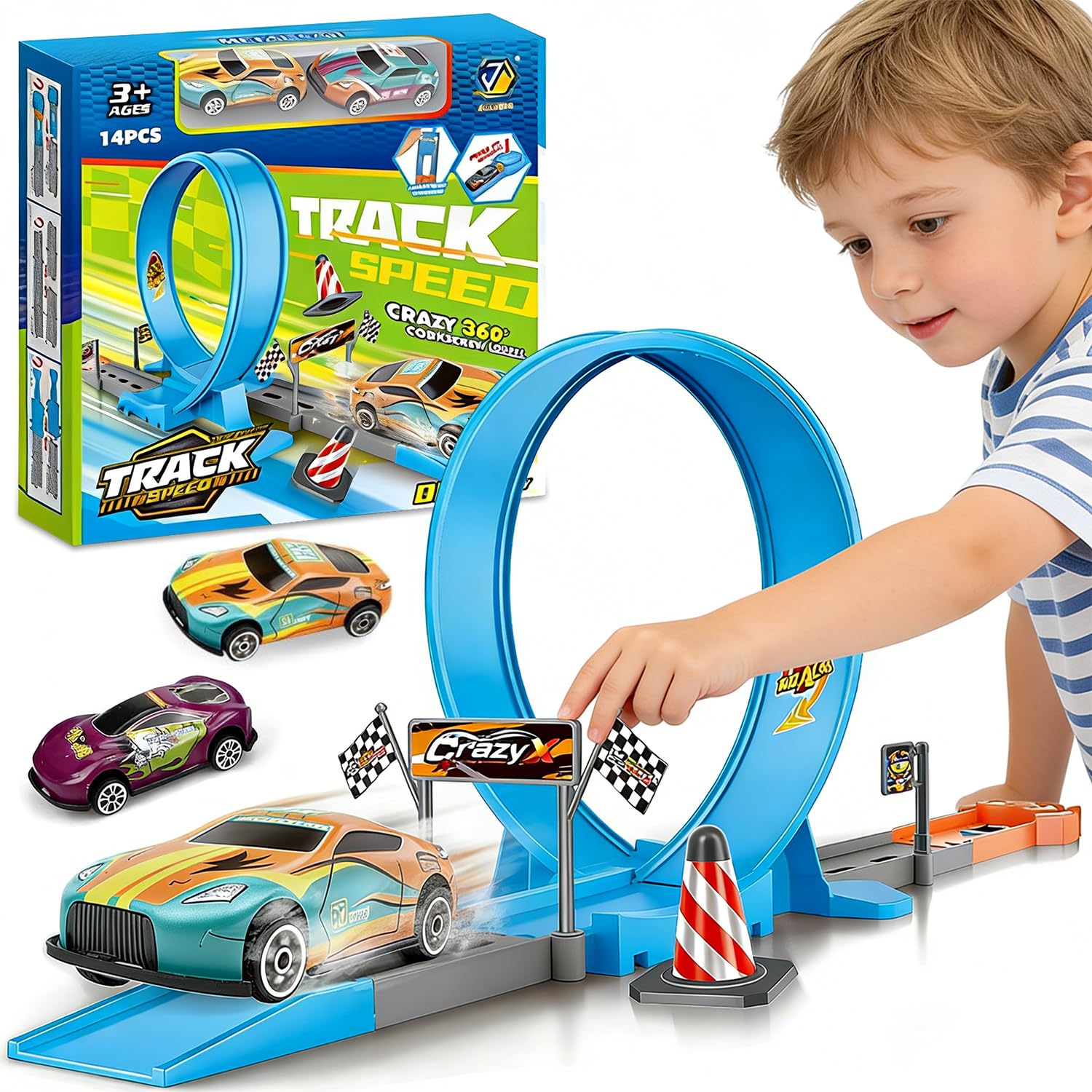 Toy Car Track Set for Kids, Flexible Race Track, Car Catapult, 14 Pieces of Race Track to Create Multiple Configurations, Birthday Gift for Boys Girls Children
