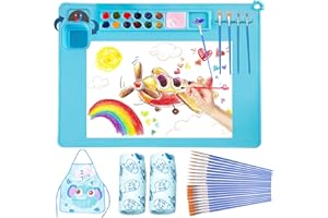 Lymoc Painting Stations,Silicone Art Mat [1x Apron,1 Pair Oversleeve,20 Pieces Brushes] Painting Craft Mats 21"X17" with Detachable Cup for Resin for Kids Gift,Painting, Clay, DIY Projects