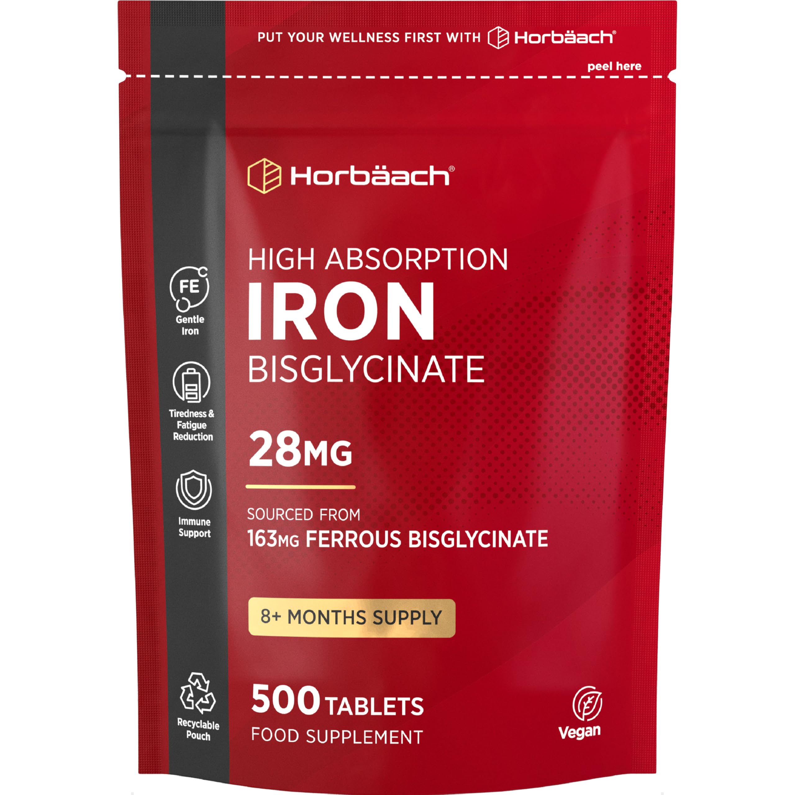 Iron Tablets High Strength 28mg | 500 Tablets (8+ Months Supply) | Highly Bioavailable | Elemental Iron From 163mg Ferrous Bisglycinate | Vegan | Supplement for Men & Women | By Horbaach