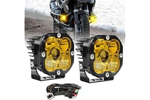 BraveWAY [Storbe] Motorcycle LED Fog Lights, 3 inch Yellow Auxiliary Light kit, ATV UTV Amber Driving Light Pods 3000K 2PCS(+DT Wiring Harness)