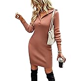 VintageClothing Womens Sweater Dress Long Sleeve Bodycon Casual Fall Dress V Neck Ribbed Knit Short Dresses