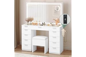 YITAHOME Vanity Desk Set with Large LED Lighted Mirror & Power Outlet, Glass Top Vanity with 11 Drawers and Magnifying Glass, 46'' Large Makeup Vanity with Storage Bench, White Vanity for Bedroom