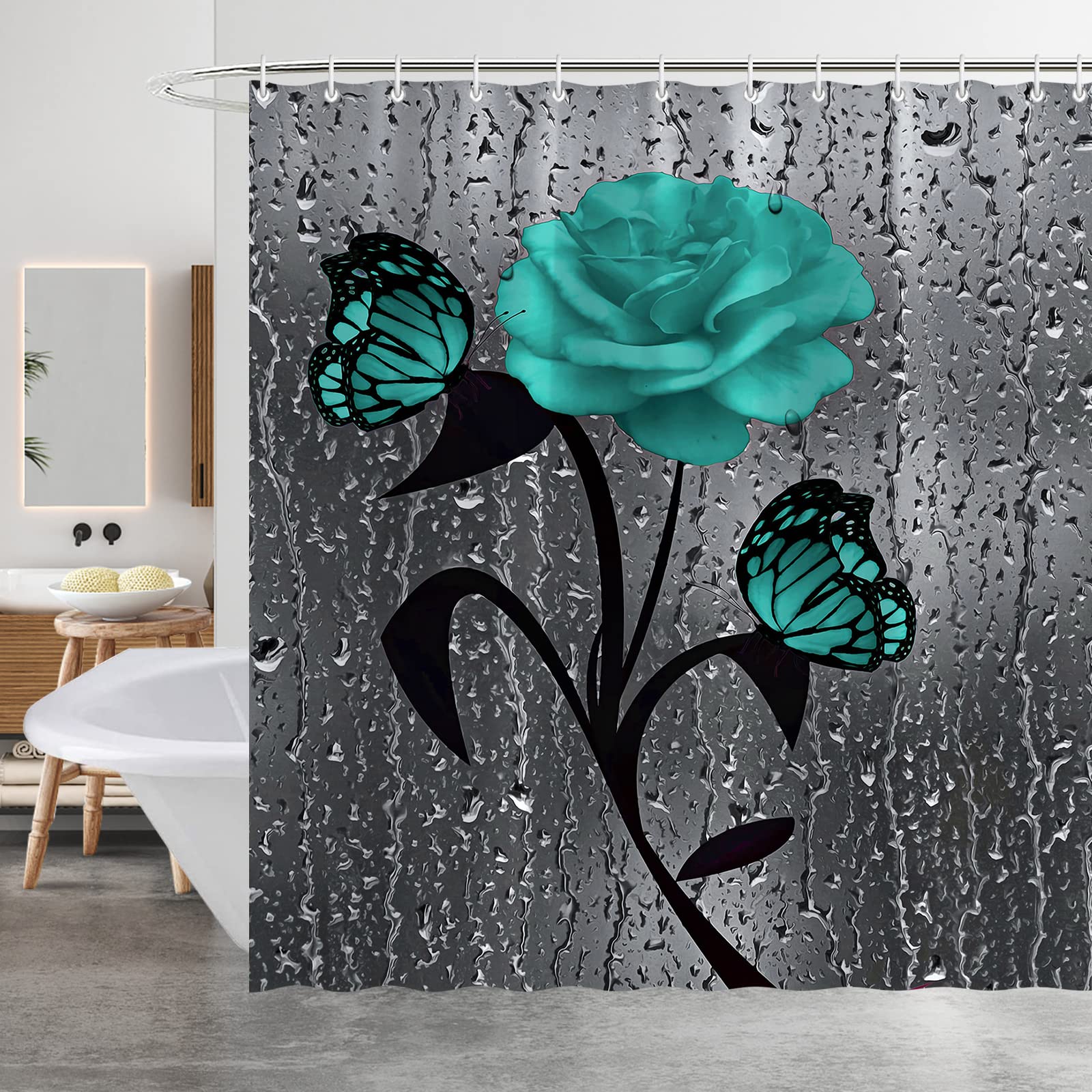 Minicoco Mould Proof Mildew Resistant Bathroom Curtains Waterproof 100% Polyester Green Shower Curtain with 12 Hooks, 180 x 180 cm (Flower) — image 1