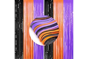 FECEDY 2pcs 3ft x 8.3ft Orange Purple Black Metallic Tinsel Foil Fringe Curtains Photo Booth Props for Halloween Birthday Bridal Shower Baby Shower Bachelorette Holiday Celebration Party Decorations