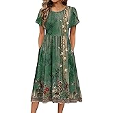 HOTOUCH Women's Summer A-Line Midi Dresses 2026 Casual Floral Short Sleeve T-Shirt Dress Flowy Beach Sundress with Pockets