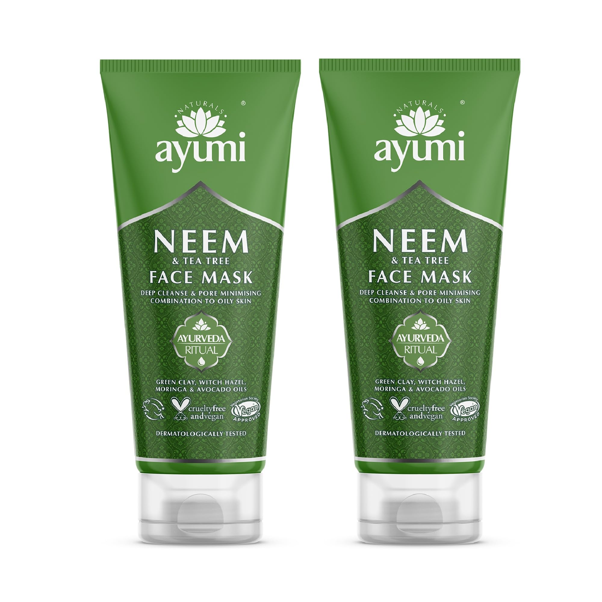 Ayumi Neem & Tea Tree Face Mask | Oil Control Clay Mask for Oily Skin |Green Clay Face Mask for Acne Treatment |Kaolin Clay Mask for Pores |Witch Hazel to Soothe Irritation|Mask for Face care |2x100ml