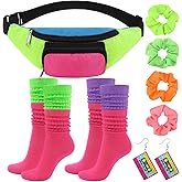 Fingertip WD 80s Costume Accessories Set, Neon Retro Fanny Pack Hairband Fishnet Slouch Socks for Party Halloween