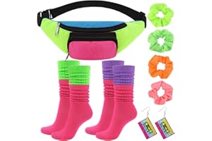 Fingertip WD 80s Costume Accessories Set, Neon Retro Fanny Pack Hairband Fishnet Slouch Socks for Party Halloween