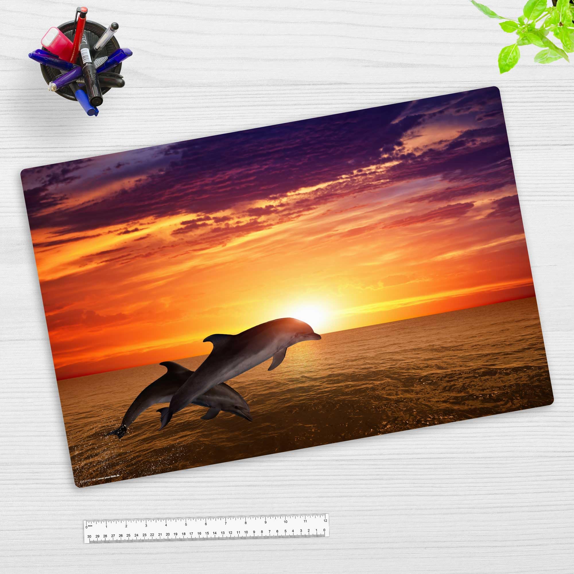 Desk pad for Children and Adults - Dolphins at Sunset - Premium Vinyl (Plastic) - 60 x 40 cm - Non-Slip Desk Mat for Back to School - Made in Germany