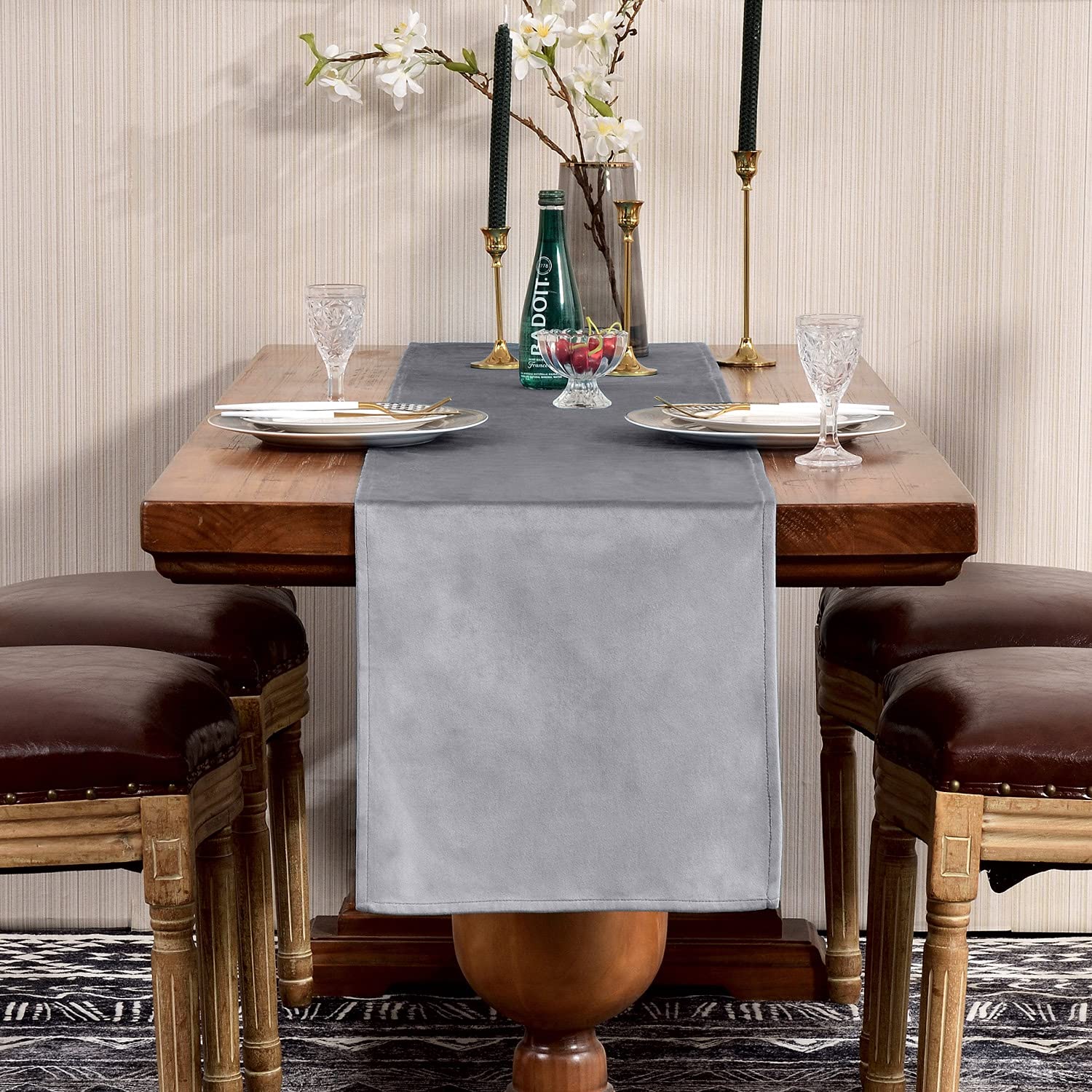 SEASHORE TREE Silver Grey Table Runner Velvet Machine Washable Kitchen Dining Table Decoration Dresser Scarf for Home Party Decor 35x300 cm — image 1